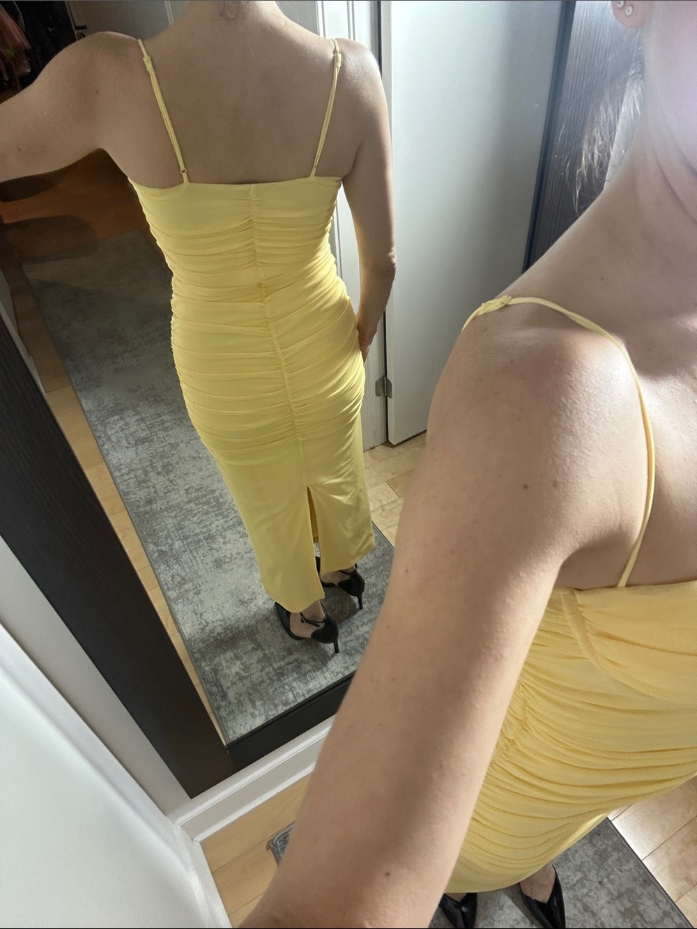 Dynamite Mona Ruched Mesh Maxi Dress Yellow | Size Small - Picture 3 of 4